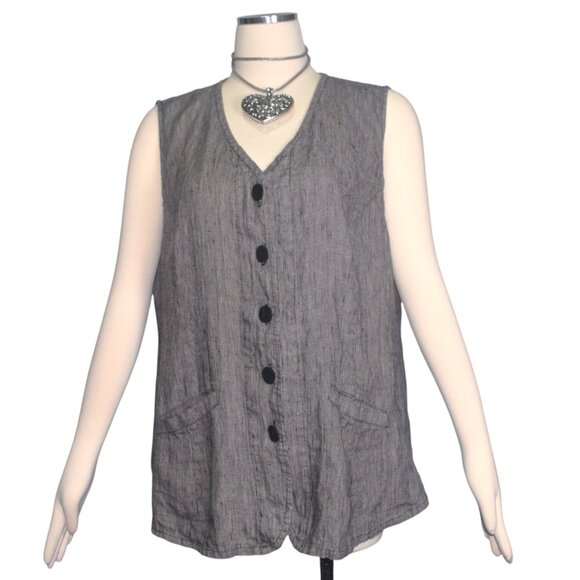 Flax Oversized Vest Woven Linen Buttons Pockets M - Picture 1 of 8